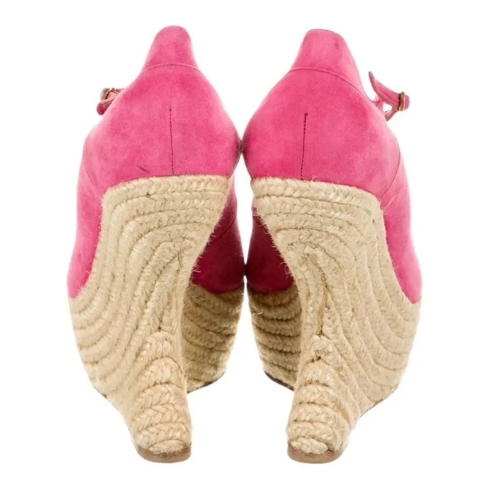 ALEXANDER MCQUEEN Suede Peeptoe Platform Ankle Wrap Jute Curved Heel Platforms